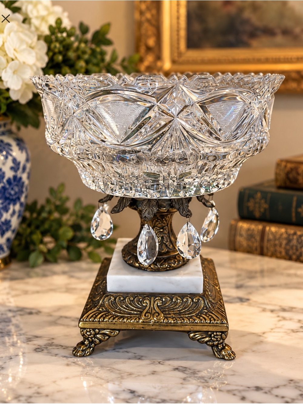 Vintage Cut Crystal Centerpiece Compote Bowl Brass & Marble Pedestal Prism Drops